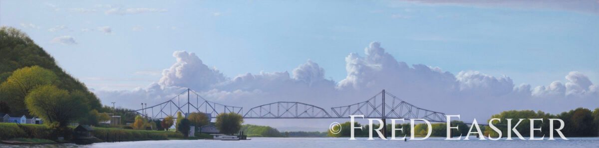 Blackhawk Bridge At Lansing, oil painting by Iowa artist Fred Easker.
