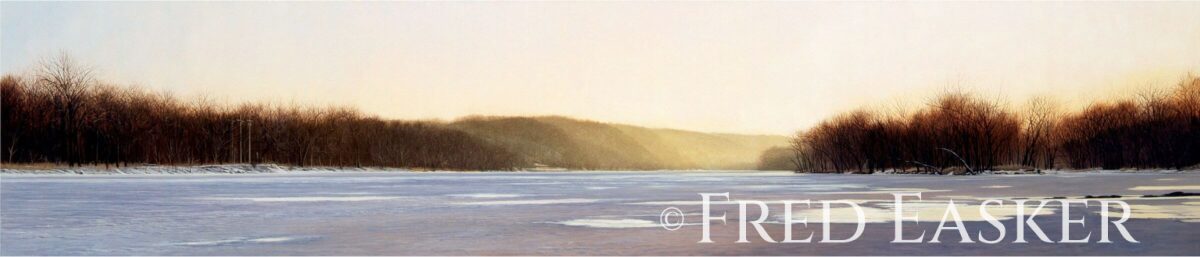 Riverbend Winter, oil painting by Iowa artist Fred Easker.