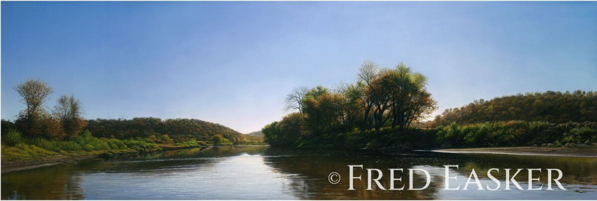 Turkey River Autumn, oil painting by Iowa artist Fred Easker.