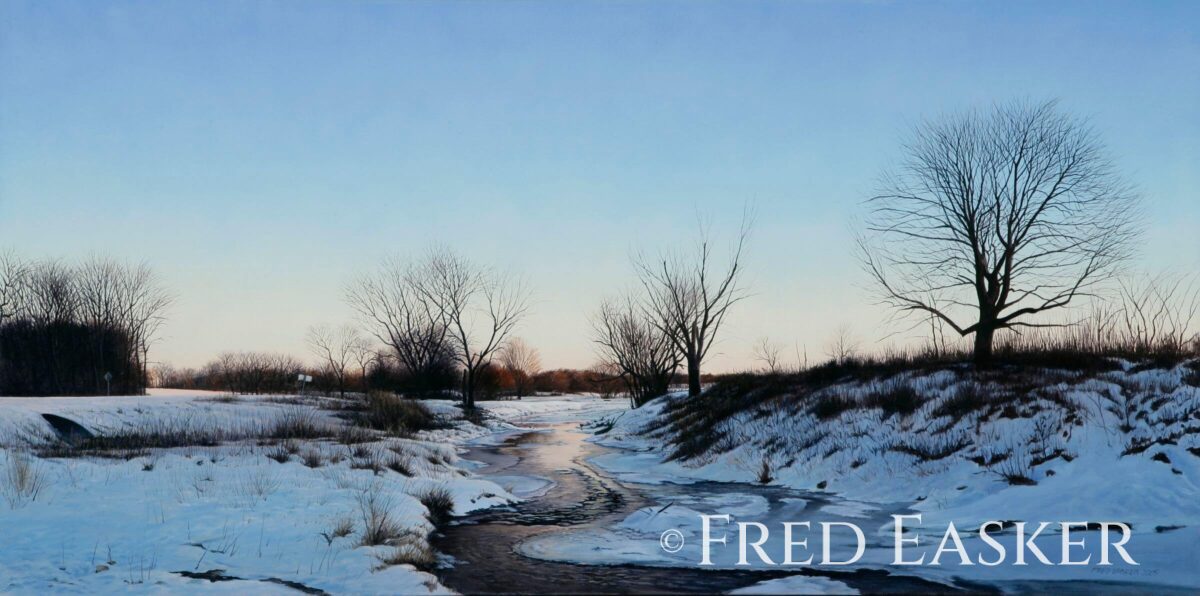 Winter On Blue Creek, oil painting by Iowa artist Fred Easker.