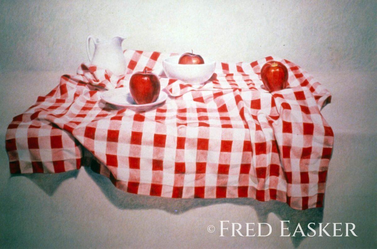 Checked Cloth with Apples (1985), 23 x 29 inches drawing by Iowa artist Fred Easker.