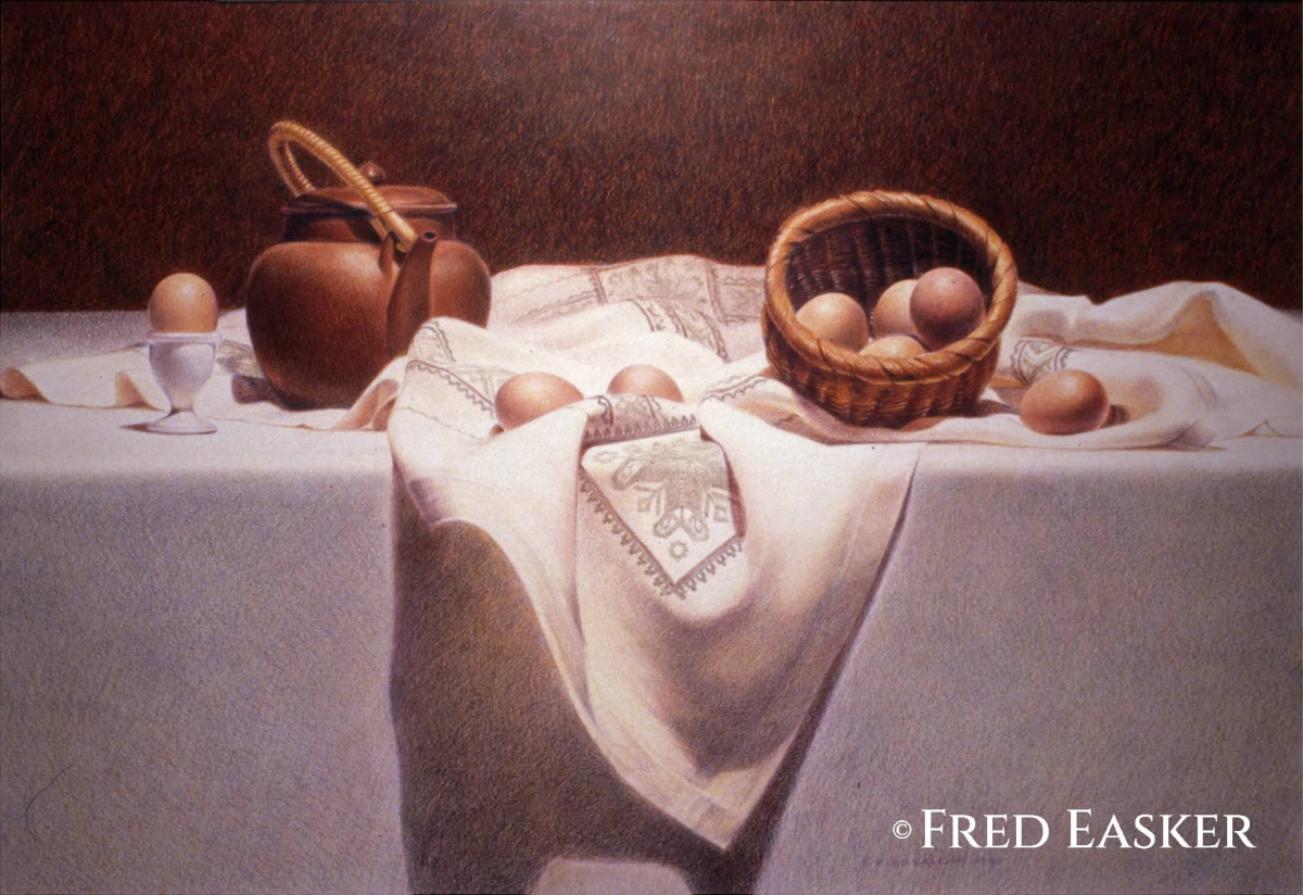 Teapot with Eggs (1988), 28 x 38 inches drawing by Iowa artist Fred Easker.