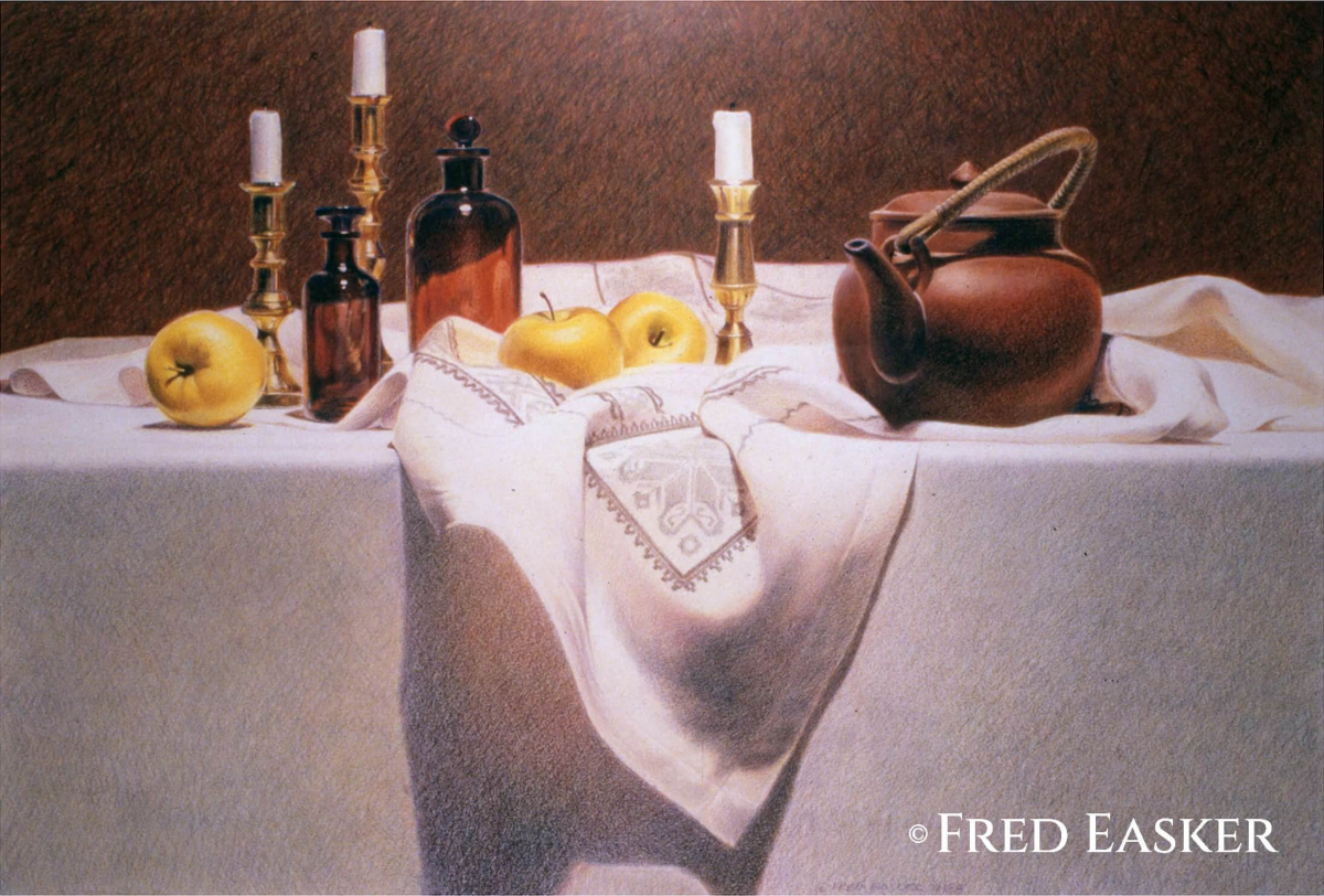 Teapot with Yellow Apples (1988), 28 x 28 inches drawing by Iowa artist Fred Easker.