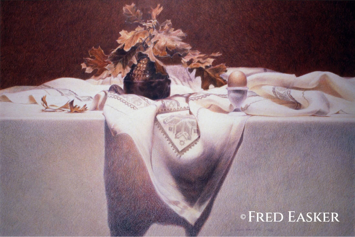 Oak Leaves with Egg (1988), 25 x 31 inches drawing by Iowa artist Fred Easker.