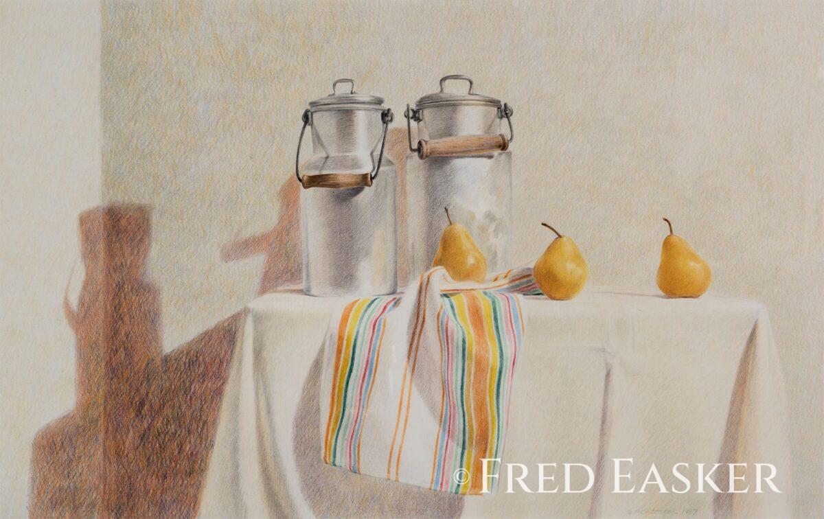 Milk Cans with Pears (1987), 28 x 36 inches drawing by Iowa artist Fred Easker.