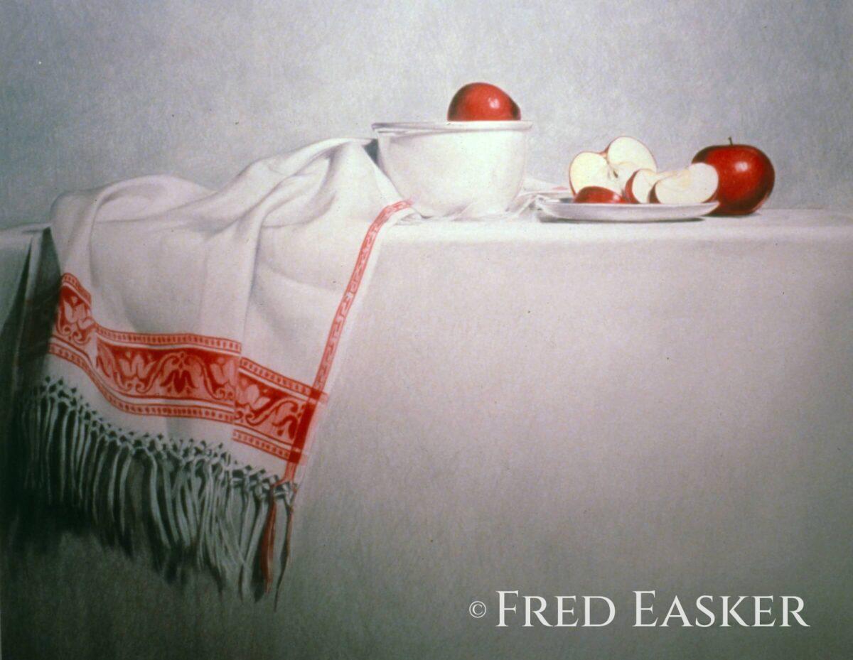 Victorian Cloth with Apples (1985), 23 x 29 inches drawing by Iowa artist Fred Easker.
