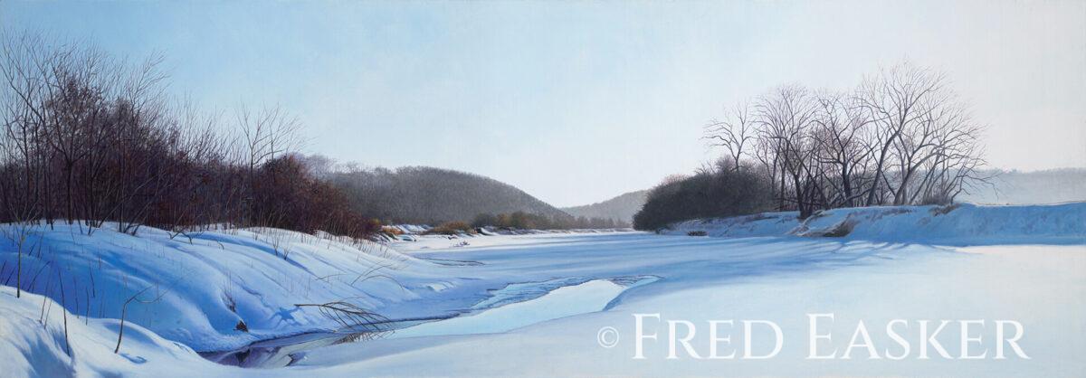 Winter River Morning, oil painting by Iowa artist Fred Easker.