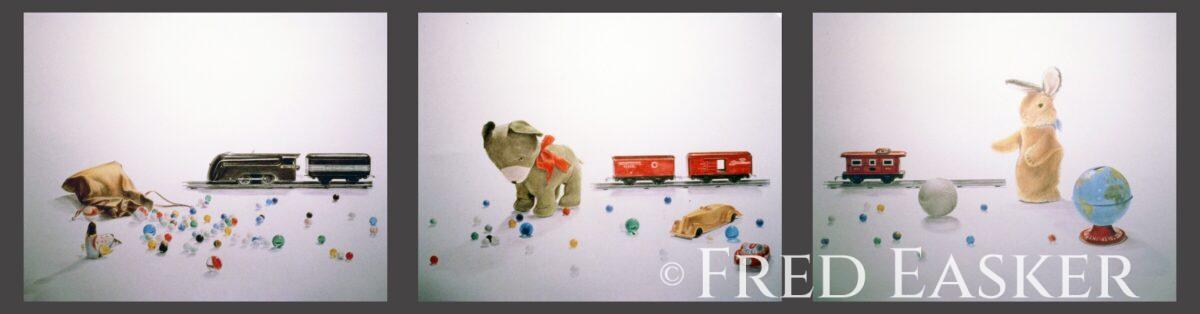 Trains and Toys (1985), four panel (23 X 29 inches each) drawing by Iowa artist Fred Easker.