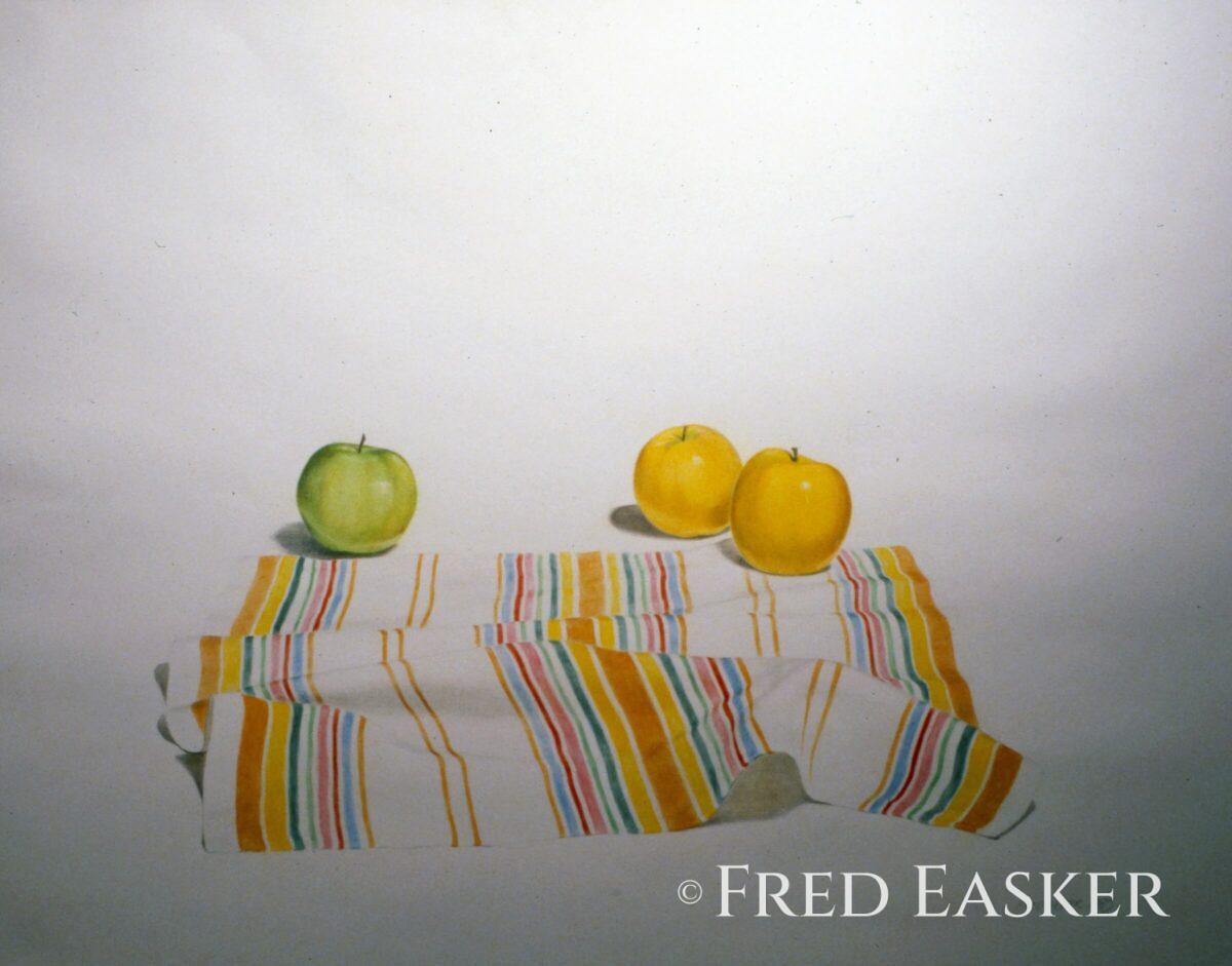 Striped Cloth with Apples (1983), 23 x 29 inches drawing by Iowa artist Fred Easker.