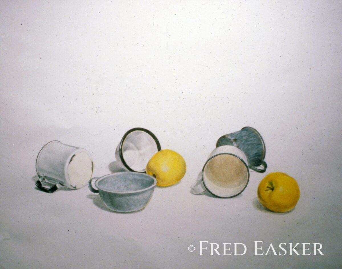 Cups and Apples (1983), 23 x 29 inches drawing by Iowa artist Fred Easker.