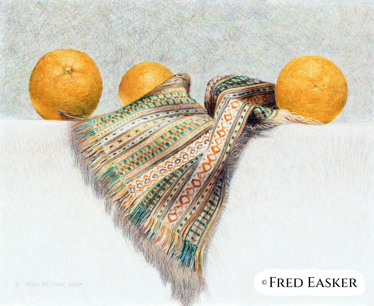 Oranges with Latvian Cloth (1987), 13 x 16 inches drawing by Iowa artist Fred Easker.