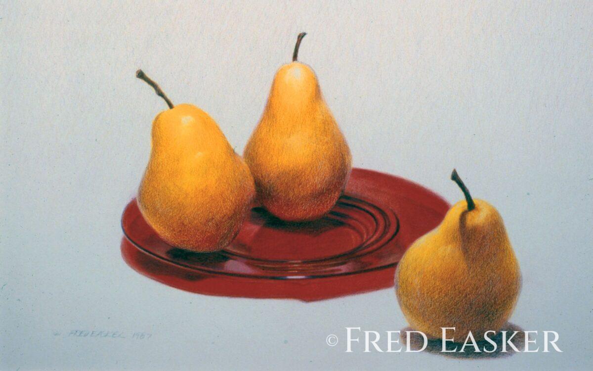 Pears with Red Plate (1987), 10 x 16 inches drawing by Iowa artist Fred Easker.