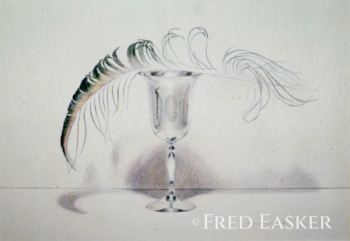 Goblet with Feather (1987), 14 x 21 inches drawing by Iowa artist Fred Easker.