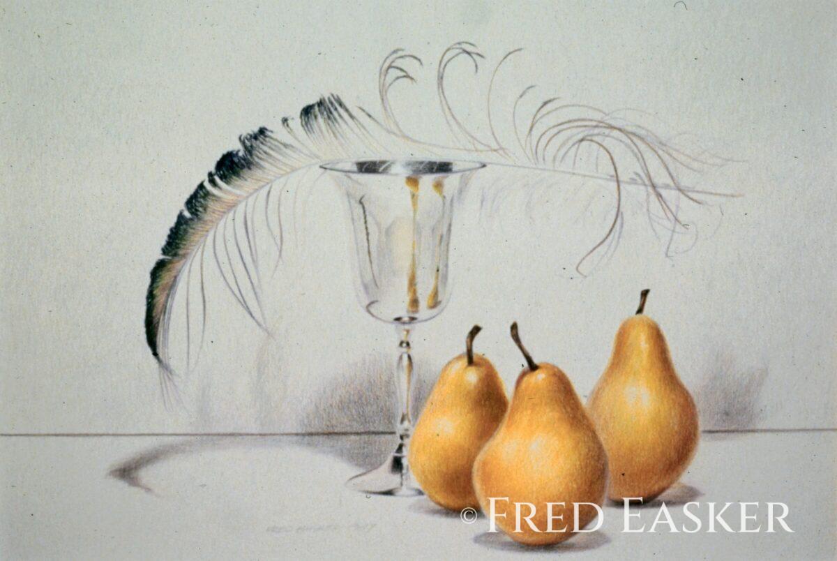 Goblet with Feather and Pear (1987), 20 x 26 inches drawing by Iowa artist Fred Easker.