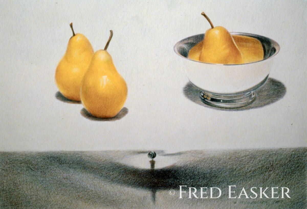 Silver Bowl with 3 Pears (1987), 19 x 25 inches drawing by Iowa artist Fred Easker.