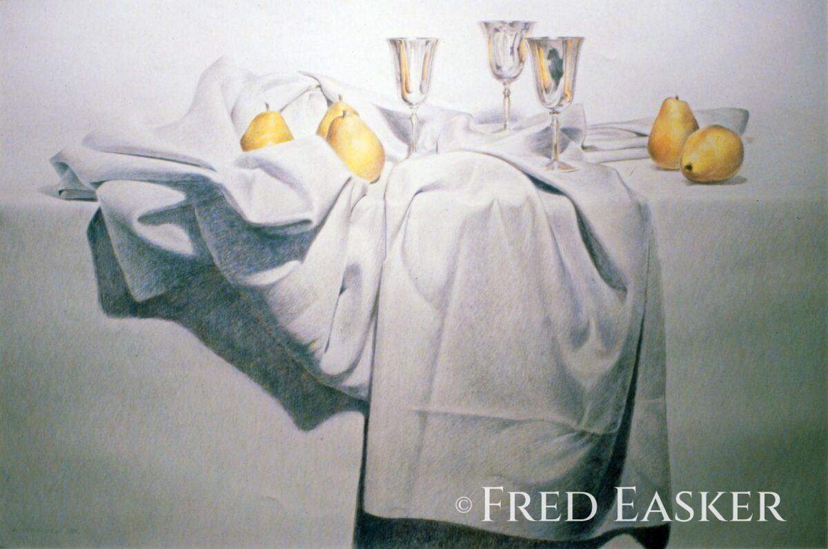 Silver with Pears (1986), 23 x 29 inches drawing by Iowa artist Fred Easker.